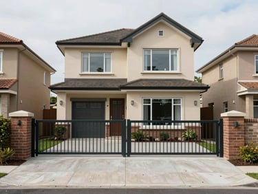 Front facade of a detached two-storey house in a residential neighbourhood, overcast natural daylight, gated entrance visible, no people, clean driveway
