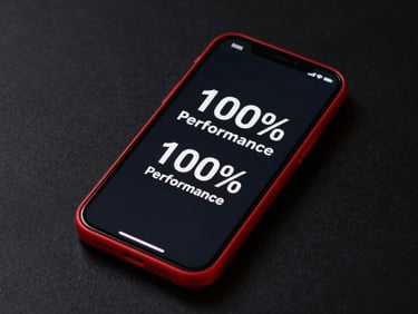 High-contrast screenshot mockup of a mobile device displaying a 100% performance score, framed with a sharp red border on a dark background.