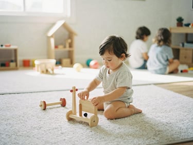 Bright, clean indoor play area with natural wood toys and soft rugs, natural light, eye-level with children, candid 35mm
