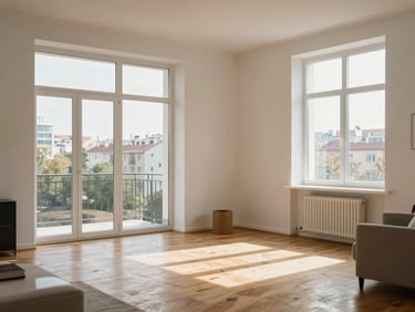 Bright, modern Warsaw apartment interior with large windows, natural oak floors, and minimalist furniture, daytime light.