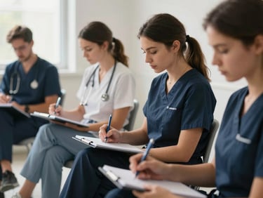 A professional staff training session in progress, focused diverse healthcare workers taking notes, bright natural indoor lighting, shallow depth of field