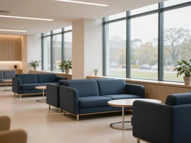Dignified environmental shot of a modern, clean care facility lounge with large windows, soft morning light, clean architectural lines