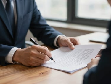 Close-up of hands holding and signing official compliance documents on a wooden desk, soft natural window light, muted navy tones