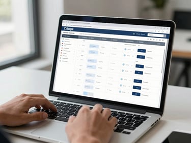 Medium-wide shot of a laptop screen displaying a deal pipeline dashboard with stage columns and opportunity cards, a founder's hands resting on the keyboard in the foreground, natural office daylight from the left, clean desk surface visible, shallow focus on the screen data