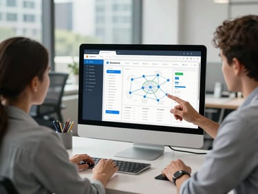 Wide environmental shot in natural daylight, a chamber executive and two small business founders gathered around a large monitor displaying a branded business directory dashboard with network analytics, modern urban office setting, hands gesturing at screen, collaborative and decisive atmosphere