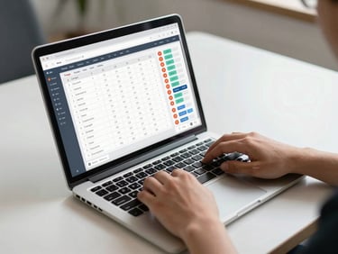 Medium-wide natural daylight shot, hands on a laptop keyboard showing a deal-tracking dashboard with stage columns and NDA status indicators, a second person across the desk visible out of focus, co-working office environment, clean desk surface