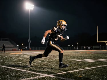 Dynamic action shot of a football player in a black jersey sprinting on a dark pitch, stadium floodlights casting long shadows, 35mm