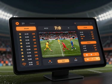 Sleek digital UI mockup showing complex football match statistics and odds charts on a dark screen, glowing orange accents, 35mm