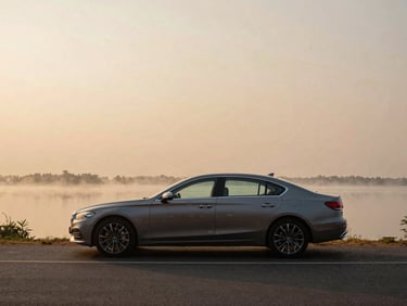 A modern premium sedan parked on a quiet road near Chilika Lake, soft morning mist, rich saturated earth tones, warm editorial travel photography, 35mm film look.