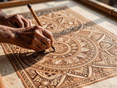 Close-up of an elderly local artisan's hands working on traditional Pattachitra painting, warm natural light, intricate details, shallow depth of field.