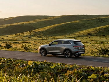 Clean, modern SUV on a well-maintained road through a lush green landscape, golden-hour sunlight, driver visible through window, no passengers. Wide angle.