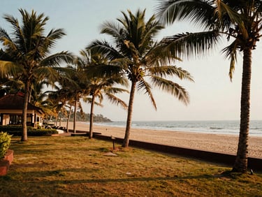 Sun-drenched luxury beach resort in Puri, Odisha, with palm trees and ocean view, golden hour light, warm editorial travel photography, rich saturated earth tones, wide-angle lens, 35mm film look