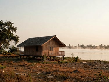 Serene eco-cottage by Chilika Lake, natural materials, tranquil water view, soft morning mist, warm editorial travel photography, rich saturated earth tones, wide-angle lens, 35mm film look