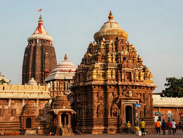 Sun-drenched wide shot of the Jagannath Temple complex in Puri, Odisha, with intricate carvings visible, golden hour light, warm editorial travel photography.