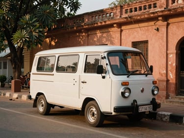 A modern clean mini-coach parked near a heritage site in Bhubaneswar, soft morning light, warm editorial style, 35mm film look.
