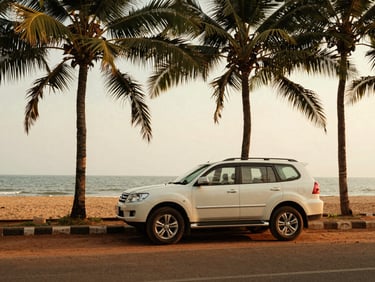 A spacious white SUV parked under palm trees near the Puri coastline, warm golden-hour light, rich saturated earth tones, warm editorial travel photography, 35mm film look.