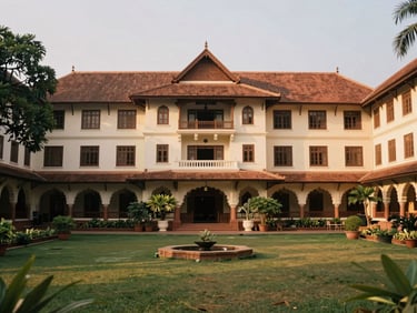 Elegant heritage hotel in Bhubaneswar, traditional Indian architecture, lush courtyard, soft morning light, warm editorial travel photography, rich saturated earth tones, wide-angle lens, 35mm film look