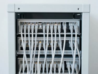 Minimalist flat lay of network cables organized perfectly in a clean server cabinet, bright diffused daylight, sharp focus on clean lines, 35mm