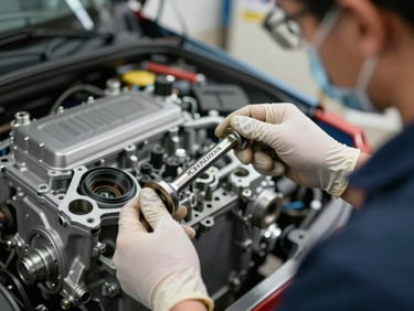 Primer plano macro de un técnico certificado con uniforme limpio de Honda ajustando un motor con una llave de torque de precisión, iluminación de taller de alta gama.