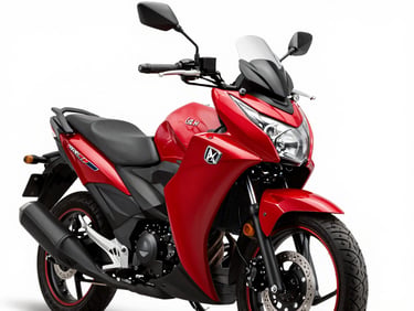 Front three-quarter view of a red Honda GLH 150 motorcycle in a clean white studio, sharp automotive photography, high-contrast studio lighting, deep blacks and vivid red accents, crisp details, 50mm lens