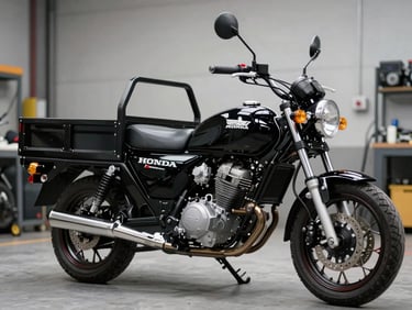 A robust black Honda cargo motorcycle designed for heavy commercial use, clean workshop setting