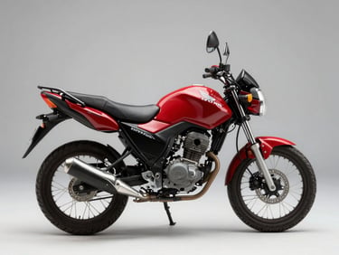 Front three-quarter view of a red Honda commuter motorcycle, clean studio background, sharp lighting