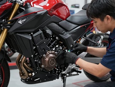Close-up of a certified mechanic working on a clean Honda motorcycle chassis in a spotless dealership workshop, sharp details, 50mm lens