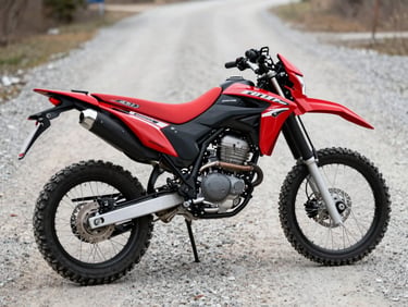 Dynamic low-angle shot of a red and black Honda XR 190L on a clean gravel path, sharp automotive photography, daylight, high-contrast, crisp details, 50mm lens