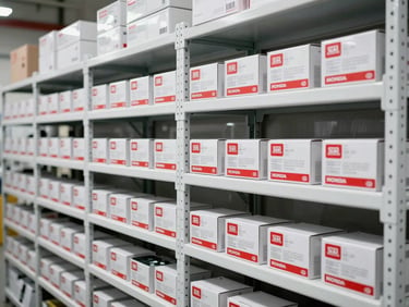 A clean, modern warehouse shelf with neatly organized genuine Honda spare parts boxes, red and white technical labels visible, bright white workshop lighting