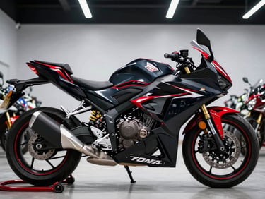 Low-angle hero shot of a brand new Honda motorcycle in a pristine, modern showroom with high-contrast studio lighting, showcasing deep black finishes and vivid red accents.