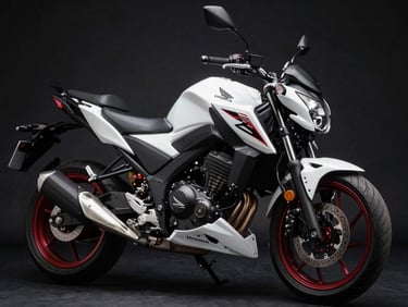 Studio portrait of a white Honda CB125F Twister, sharp automotive photography, high-contrast studio lighting, deep shadows, crisp details, 50mm lens