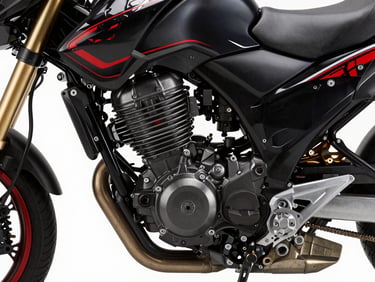 Close-up of a clean Honda motorcycle engine, highlighting precision metallic finishes under high-contrast studio lighting.