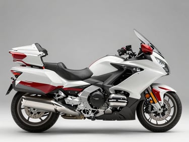 Side profile of a white and red Honda touring motorcycle, clean technical environment, high contrast