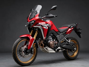 Low-angle studio shot of a massive red Honda Africa Twin adventure motorcycle, sharp automotive photography, high-contrast studio lighting, deep blacks and vivid red accents, crisp details, 50mm lens