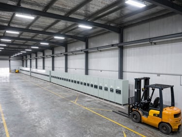 Panoramic overhead of a large logistics warehouse interior with high-bay LED lighting, electrical distribution panels visible along the side wall, forklift lanes marked on floor, no people