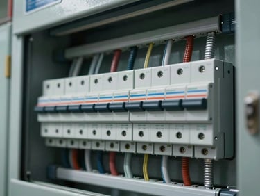 Close-up framing of a commercial building electrical distribution board with organized breakers and labeled circuits under cool overhead lighting, no people