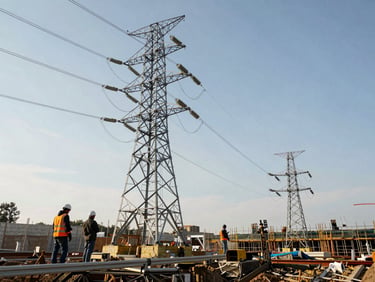 Environmental shot of an active construction site with temporary electrical distribution towers and cable trays being installed, worker in PPE and hard hat in the left third, natural north-facing daylight