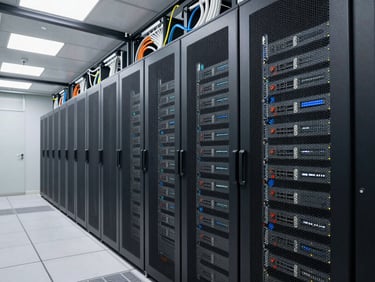 Wide environmental shot of a data center server row with structured cable management overhead and cold-aisle containment under bright controlled white lighting, no people
