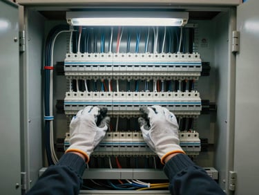 Overhead bird's-eye view of a complex industrial electrical panel interior, dense cable routing and labeled terminal blocks visible in precise organized rows, gloved hands adjusting a circuit breaker under cool fluorescent workshop lighting, no text or labels readable