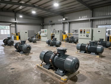 Wide overhead shot of an agribusiness facility with large electric motor pump stations and control panels in a processing shed, harsh industrial overhead lighting, no people