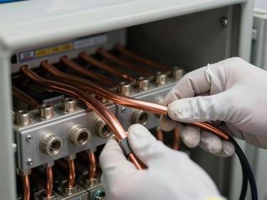 Extreme close-up of a gloved technician's hands connecting heavy copper bus bars inside an open electrical panel, studio strobe lighting revealing cable labeling and terminal detail, tight framing