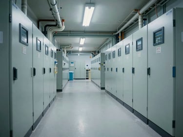 Wide-angle corridor of a hospital technical room with organized electrical panels and conduit runs under cool clinical fluorescent overhead lighting, no people