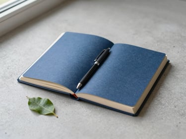 An open notebook with a sleek pen on a clean concrete surface beside a small green leaf, soft overhead natural light