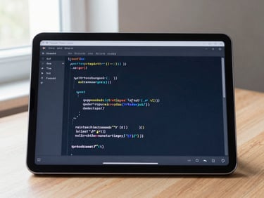 Close-up of a tablet displaying clean code structure on a wooden desk, soft natural light, clean workspace