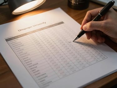 Close-up of a desk surface showing a printed academic transcript and a hand-annotated university comparison spreadsheet under warm office lamp light, pen resting on the page, specific grade rows visible