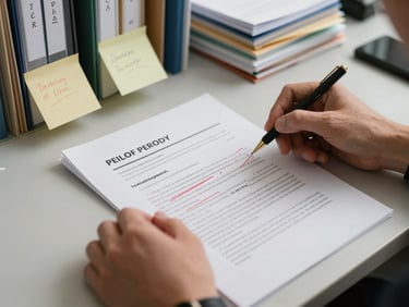 Hands reviewing a printed statement of purpose document on a desk with red-ink editorial marks and sticky notes, organized folders labeled by country visible in the background under even office lighting
