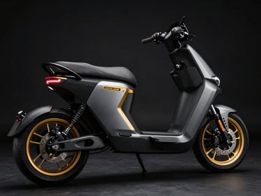 Modern electric motorcycle in a dark studio, dramatic low-key lighting highlighting gold accents on the wheel hubs, sharp focus, 35mm lens