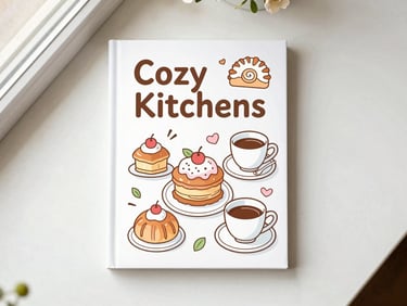 Clean book cover mockup for 'Cozy Kitchens' coloring book, featuring cute pastries and coffee cups, soft pastel tones, cozy lighting, overhead flatlay, 35mm