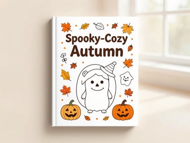 Clean book cover mockup for 'Spooky-Cozy Autumn' coloring book, featuring cute Halloween elements and autumn leaves, soft pastel tones, cozy lighting, overhead flatlay, 35mm