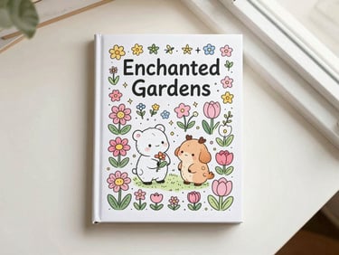 Clean book cover mockup for 'Enchanted Gardens' coloring book, featuring cute flowers and tiny creatures, soft pastel tones, cozy lighting, overhead flatlay, 35mm